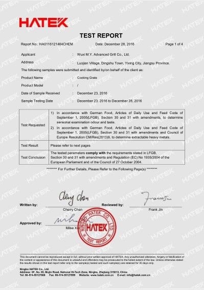 China WUXI  M.Y. ADVANCED GRILL CO., LTD. certificaten